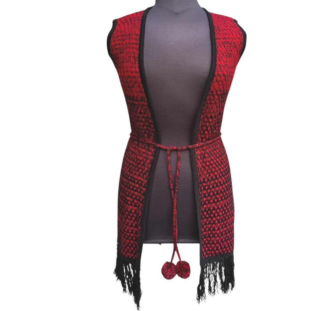BCBGMAXAZRIA Red Black Acrylic Knit Sleeveless Vest Fringed Hem Belted Size M